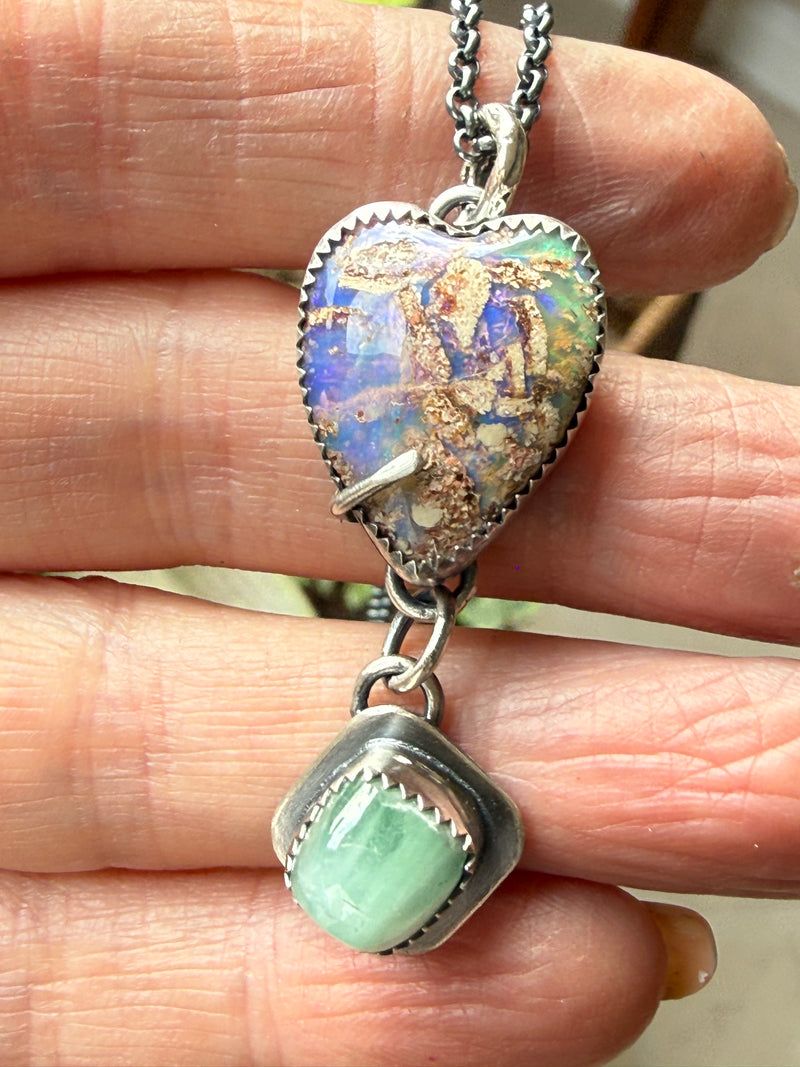 Minty green Tourmaline with a Heart Boulder Opal, handmade in the Netherlands