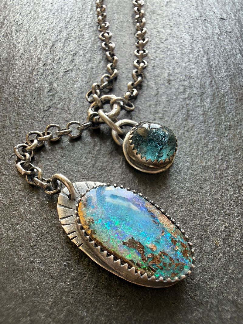 Opal and Kyanite Y Necklace, handmade in the Netherlands