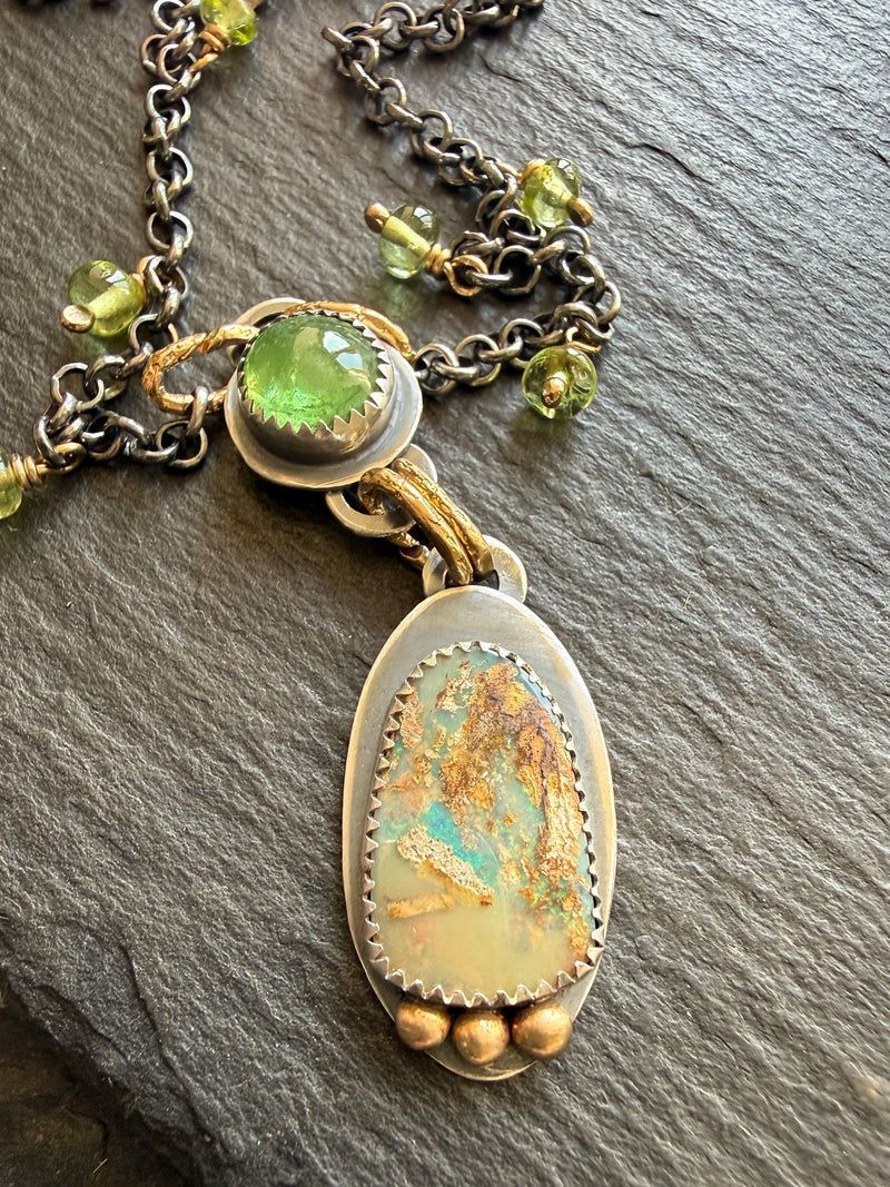 Vesuvianite and Opal Pendant Necklace, handmade in the Netherlands
