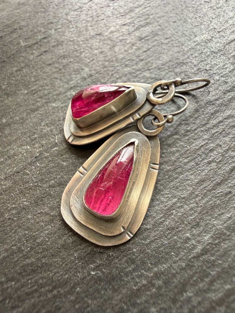 Pink tourmaline drop earrings in sterling silver bezels