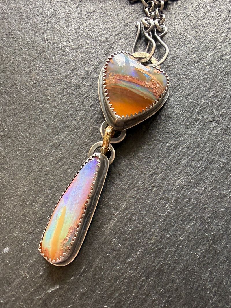 Necklace with two vivid boulder opals on an oxidised silver chain